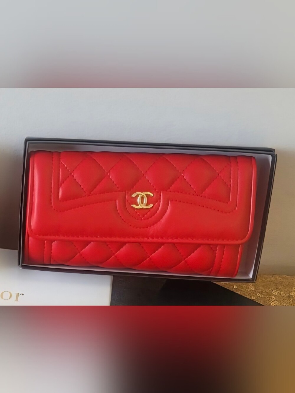 Red Quilted Leather Wallet On Chain with Gold CC Emblem